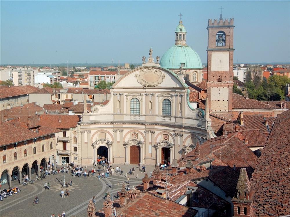 Vigevano (Pavia, Italy) - Duomo and part of the square, seen fro the tower of the castle